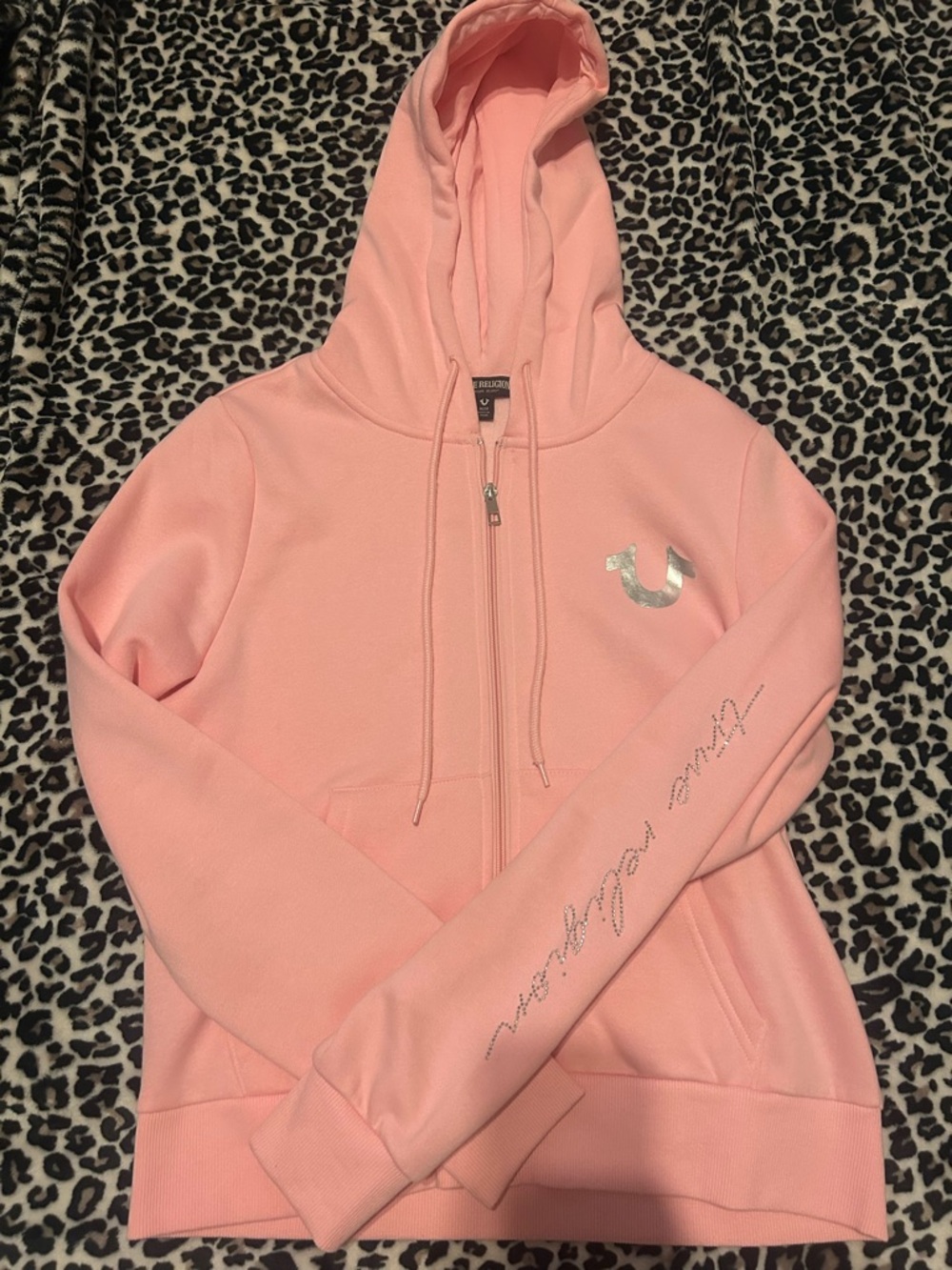 True Religion light Pink Rhinestone Script zip up - Picture 2 of 7